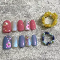 ネイルチップ　ビーズリング　ハンドメイド　韓国　お花リング　お花ネイル　春ネイル　春色