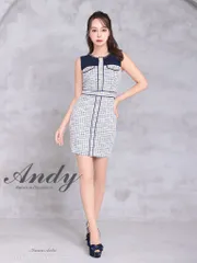 ネイビー [AN-ON2800] Andy/ アンディ/ ツイード/ 切り替え/ ノースリーブ/ タイト/ チェーン/ フロントボタン/ ブラ着用可/ ミニドレス/ ワンピース/ キャバドレス mini dress