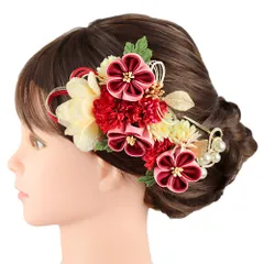 髪飾り 成人式 水引 つまみ細工 振袖 前撮り 袴 3点セット 花 菊 赤 ピンク 白 ゴールド ちりめん パール ビーズ ラインスト No.9-5181
