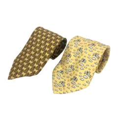 エルメス HERMES  ネクタイ シルク100％ 2本セット  イエロー系 総柄 パイナップル柄 ペガサス柄【中古】