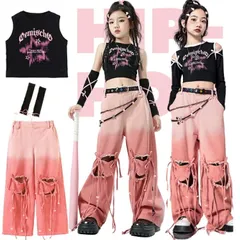 ヒップホップ キッズ ダンス衣装 トップス パンツ セットアップ 秋 ピンク へそ出し服 女の子 韓国 K-POP 子供服 チアダンス JAZZ アイドのサムネイル