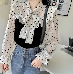 シースルー ブラウス ドット柄 ボウタイ リボン 長袖 フリル襟 シフォン シャツ 白 黒 透け感 きれいめ フェミニン ガーリー レトロ 大人可愛い オフィスカジュアル 春 秋 [1095]