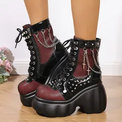 ショートブーツ 厚底ブーツ レディース 厚底 本革 靴 きれいめ 2カラー 幅広 ブーツ レースアップ ヒール 編み上げブーツ チェーン付き メッシュ カジュアル 美脚 おしゃれ 春 秋 冬 パンク系 地雷系 ゴスロリ 個性的