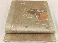 平和屋着物◎太鼓柄袋帯　刺繍　誰が袖花文　金糸　引箔　正絹　逸品　AAAG3447Bnf