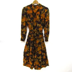 レリアン ロングワンピース トップス 花柄 日本製 ベルト付き レディース 9サイズ こげ茶×黄 Leilian 【中古】