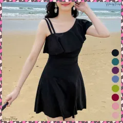 送料無料 ワンショルダーワンピース水着 体型カバー レディース フリルオールインワン水着 ショートパンツ一体型 ハイウエストスイムウェア アシンメトリー Aラインワンピ水着 肩出し 盛れる水着 露出控えめママ水着 無地 みずぎ韓国風