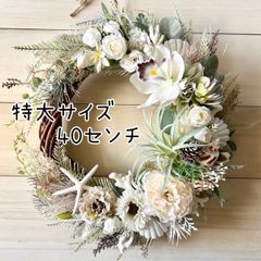 7-53大きめリース　特大リース　母の日　春リース夏リース　　くすみカラー　ナチュラルシャビー　シェルリース　イタヤガイ　マリンアンティーク　貝殻リース　北欧　シャビーシック　白い貝殻　珊瑚　ボタニカル　ディスプレイ　店舗　什器　撮影　背景