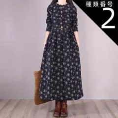 種類2：レッド/3XL ワンピース ワンピドレス 膝下 ロング ロング丈 袖あり 長袖 Vネック 襟なし Aライン ウエストゴム 綿 リネン かわいい 大人可愛い シンプル カジュアル 大人 おしゃれ お洒落 レトロ アジアン エスニック 大人女子 ラフ 柄 