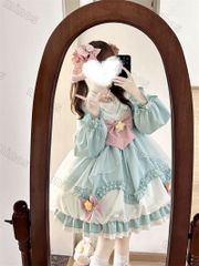 ゆめかわ パステルグリーン　長袖 ドレス リボン 姫 華ロリ サブカル 服 ガーリー系 ドレス ロリータ ロリィタ バンギャ