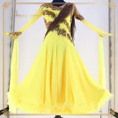 社交ダンス 衣装 スタンダードドレス  スタンダード ワンピース ドレス デモ 競技 フロート 黄色 茶色 ブラウン系 レース イエロー系 おしゃれ ドレス 競技用衣装 社交ダンス衣装 スタンダード衣装 エレガント 可愛い ダンスパフォーマンス 大人用