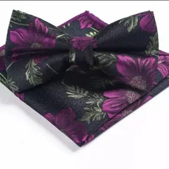 2点セット　蝶ネクタイ ポケットチーフ　ワンタッチ 　チーフ 花柄　結婚式　発表会　七五三祝い　パーティー イベント ブラック黒　パープル 紫　グリーン 緑　バーテンダー　格安　卒業式　入学式　卒園式　入社式　メンズ蝶ネクタイ　チーフ　２点　セット　格安