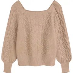 ☆ ベージュ ☆ ケーブルニット トップス スクエアネック ニット レディース 長袖 スクエアネック セーター ニットセーター プルオーバー トップス 冬 秋冬 ケーブルニット ショート丈 ボリューム袖 ぽわん袖 可愛い おしゃれ かわいい オシャレ きれいめ