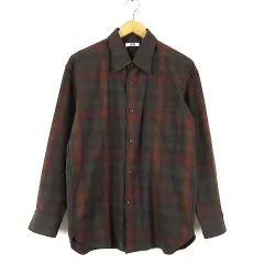 ユニクロ UNIQLO ユー U ヘビー フランネル オーバーサイズ シャツ チェック ストレッチ 長袖 S カーキ 茶 ブラウン 美品