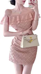 ISLAYCAOLILA キャバドレス ミニドレス ラッフル ワンピース フリル オフショルダー タイト クラブ ノースリーブ ハイウエスト レディース E39( ペールピンク,  L)