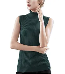 グリーン_Free Size [ハベリィ] タートルネック ノースリーブ リブニット セーター ハイネック トップス レディース リブ ニット インナー ニットソー シンプル ルーム ウェア ワンマイル ウエア カットソー 無地 カジュアル 部屋着 フェミニン