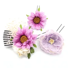 髪飾り 成人式 振袖 浴衣 袴 ３点セット 紫 リボン 結婚式 入学式 入園式 卒園式 卒業式 七五三 753 ブライダル 前撮り 和装 日本製 花 かんざし 人気 フォーマル 花飾り 和装小物 着物 ムラサキ W 28 323-265 u821　Si