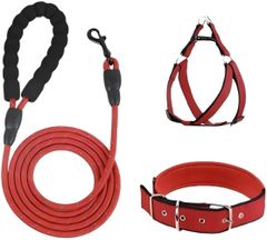 新品 犬用リードセット、首輪・ハーネス・リード3点セット、小型・中型犬用、赤と黒 (10mm * 1.5m Lサイズ[約20-40ポンド])