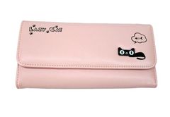 【訳あり】長財布 シンプル パステルカラー おちゃめな黒猫モチーフ (ピンク)
