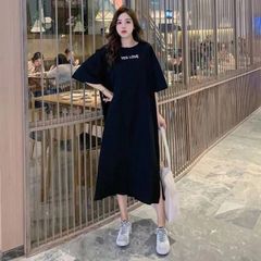 プリント Tシャツワンピース ゆったり スリット開? ロング丈 カジュアル お出掛け 普段着 クール スリム見え xzxiaoyun442