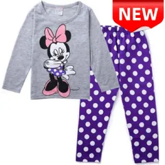 ✨新品✨ミニーマウス パジャマ 上下セット 長袖 グレー×紫ドット柄 キッズ 女の子 部屋着 ルームウェア ディズニー キャラクター 100/110/120/130 肌触り良い 伸縮性抜群 プレゼント 贈り物 ナイトウェア 子供服 コットン 棉 キッズパジャマ