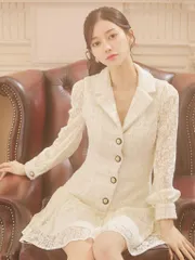 ホワイト[JN-019]【JENNNY / ジェニー】ラメ/ ツイード/ ジャケットデザイン/ ボタン/ 袖レース/ 長袖/ フレア/ ミニドレス/ ワンピース/ キャバドレス