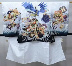 七五三 五歳 男児 羽織・着物・襦袢3点セット 綸子地 金刺繍 鷹 白地 L寸 お仕立て無料 祝着 NO38778-W-2