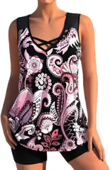 Eiza タンキニ 水着 レディース 花柄 セパレート 体型カバー パンツ タンクトップ e368 JP アルファベット 女子 プラスサイズ( ピンク,  M)