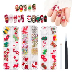 クリスマス ネイルパーツ 3ケース入り 3D 立体 可愛い サンタ クリスマスツリー 雪の結晶 トナカイ ベル 靴下 リボン 花 ハート ネイルパーツ パール ラインストーン メタルパーツ ネイルアート ジュエリーパーツ ハンドメイド デコパーツ ピンセットと