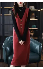 【レッド★ＸＬ】ニットひざ丈ベストワンピースＶネック 春秋 冬 レディース大きめ　体型カバー　ゆったり　Aライン