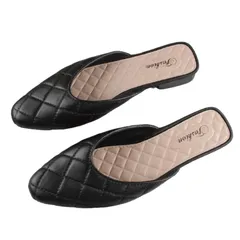 レディース サンダル ミュール パンプス 洗える ポインテッドトゥ 軽量 フラット 格子柄 キルティング 歩きやすい 疲れない 痛くない 蒸れにくい (ブラック, 日本の靴のサイズ寸法, 大人, 長さ・寸法・重量（範 [ブラック] [25.0~25.5 cm]