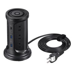 サンワダイレクト 電源タップ タワー 12個口 USB-A×2ポート USB-C ×1ポート 2ｍ 一括スイッチ付き スイングプラグ USB充電 延長コード ブラック 700-TAP075BK [USB 3ポート/ブラック]