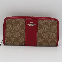 美品 コーチ シグネチャー柄 ベージュ/ワインレッド シルバーカラー 長財布 2000000 NSK MTM