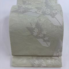 袋帯 美品 秀品 夏帯 紗 矢羽根 草花 銀糸 薄緑 六通 正絹 【中古】