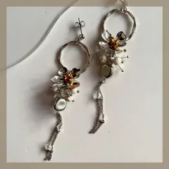 ロング×淡水パール 上品【304ステンレス 24KGP】ハンドメイドピアス メタルフラワー 淡水パール チェーン お花 シルバー ゴールド  ロング ウェディング アレルギー対応【イヤリング変更可能】