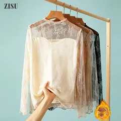 ブラウス 裏起毛 長袖 即購入OK 総レース 立ち襟 レース トップス シースルー シャツ 花柄 レディース 韓国 ファッション dianmei02