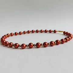 ガラスパールコンビネックレス/8mm約43cm/コーラルレッドxブラウン/G/made in japan/vintage
