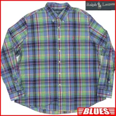 ラルフローレン シャツ XXL メンズ 長袖 青 チェック 刺繍 TY3026