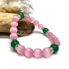 キャッツアイ(ピンク)×緑瑪瑙 パワーストーン ブレスレット  (シルバー) メンズ・レディース　男性・女性　数珠ブレス 開運 [23]