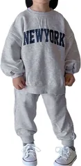 WEARBIE ウェアビーロゴ スウェット セットアップ 上下セット ビッグシルエット パンツ プルオーバー キッズ ドロップショルダー 長袖 ロングパンツ 春服 春夏(グレー,  90)
