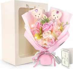 Capiner 笑顔輝く 花束 ソープフラワー LED 誕生日 プレゼント 結婚祝い 女性 くま 薔薇 造花 メッセージカード ショップバッグ付(ピンク)