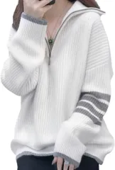 M_ホワイト [ジェイストア] ハーフジップ ニット 長袖 ライン プルオーバー セーター カジュアル アウター 春 秋 春秋 春 厚手 無地 上着 韓国 体型カバー 可愛い あたたかい あったか ゆったり ゆるい かわいい おしゃれ かぶり 胸元 ファスナー