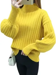 GIVEK ニット バルーン スリーブ 長袖 ハイネック 小顔 効果 レディース 秋 冬 セーター トップス Free Size( イエロー,  Free Size)