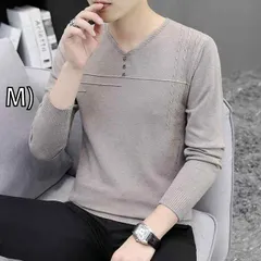 [M)]春 コーデ メンズ 用 服 シンプル ファッション オシャレ 大人 かっこいい 紳士服 カジュアル Vネック ニット シャツ セーター 秋  カジュアル 通勤スタイル 重ね着コーデ ゆったりシルエット さらっと着 普段使い