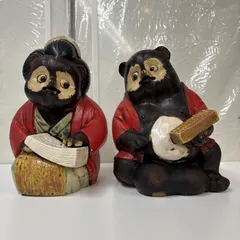 【匿名発送】木工品　たぬき　夫婦　縁起物　アンティーク　木彫り たぬき 木彫り 置物 工芸品 昭和レトロ ヴィンテージ 縁起物