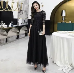 ロングドレス ピアノ 発表会 演奏会用ドレス 4XL ブラック 黒 パーティードレス 袖あり レディース 結婚式 ワンピース フォーマル ドレス お呼ばれ 二次会 ファスナー フォーマル ワンピース 結婚式 ドレス 大人 大きいサイズ dh046l6