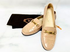 TOD'S ピンクベージュ クロコ型押し ローファー 37美品 ☆TOD'S トッズ ダブルT クロコ型押し ローファー ドライビング