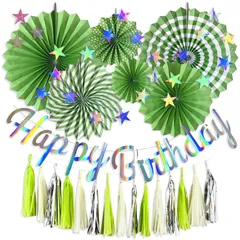 誕生日 飾り付け パーティー バースデー バナー 壁飾り happy birthday ペーパータッセル ペーパーファン ガーランド 記念日 party decorations 子ども お祝い 室内装飾 シルバー (グリーン)