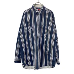 トミーヒルフィガー 90s ストライプ 長袖 フラッグタグ コットンシャツ M ネイビー×ホワイト TOMMY HILFIGER オールド ヴィンテージ メンズ
