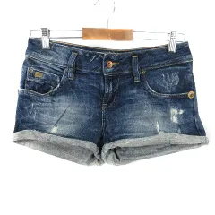 ザラ ZARA TRF デニムパンツ ショート ショーパン ローライズ ウォッシュ加工 ダメージ加工 ロールアップ コットン 無地 34 青 ブルー ボトムス