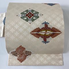 名古屋帯 美品 秀品 向かい鶴 花菱 唐織 薄小豆 正絹 【中古】